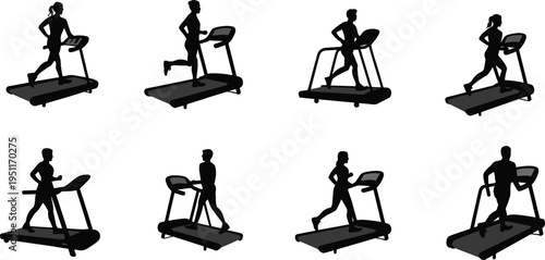 Treadmill running silhouettes, men and women jogging on fitness treadmill machines, gym cardio workout training vector collection isolated