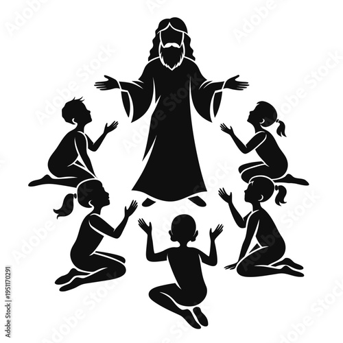 A robed figure with long hair and a beard, standing with arms outstretched, surrounded by six kneeling children who raise their hands toward him. The scene conveys reverence.