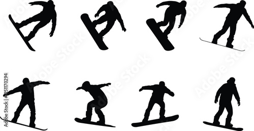 Snowboarder silhouette collection performing freestyle jumps and tricks, winter extreme sports athlete riding snowboard, dynamic action vector set