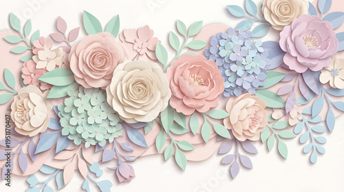Elegant Papercut Floral Arrangement with Pastel Hues and Delicate Foliage Accents