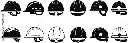 Safety, helmet, hardhat, construction, protective, equipment, worker, industry, engineering, builder, protection, gear, black, silhouette, icon, set, isolated, vector, collection, design