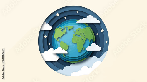 Vibrant papercut illustration of Earth, showing a layered world with fluffy clouds and twinkling stars, symbolizing global environment and ecological harmony