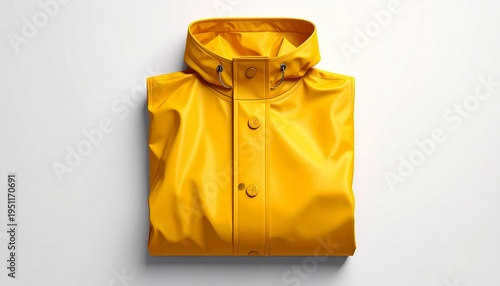 Folded bright yellow raincoat with hood and buttons on white background waterproof jacket for rainy weather protection apparel studio shot