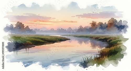 Serene landscape with misty river valley.