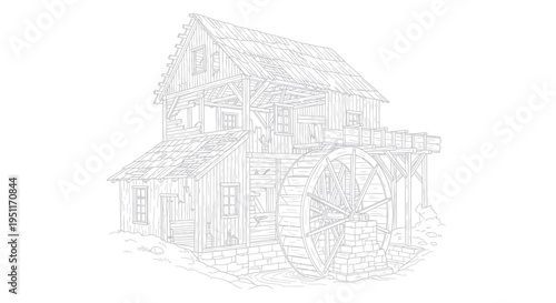 Rustic Wooden Watermill Sketch - Old Building with Water Wheel