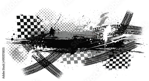 Racing Grunge Banner with Tire Tracks and Checkered Flags