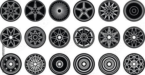 Set of black geometric wheel and rim silhouettes with various spoke patterns for automotive design transport and decorative projects