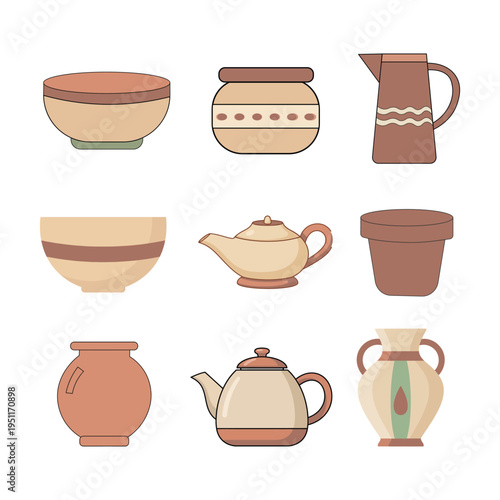 Minimal Clay Pottery Kitchenware Vector Set – Traditional Earthenware Bowls, Teapots, Pitchers and Ceramic Containers Illustration