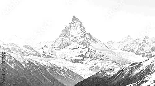 A stunning black and white illustration of a majestic snowcapped mountain range with rugged peaks and slopes