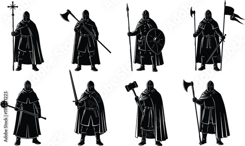 Set of black medieval knight silhouettes wearing capes and helmets holding various weapons like swords axes and maces
