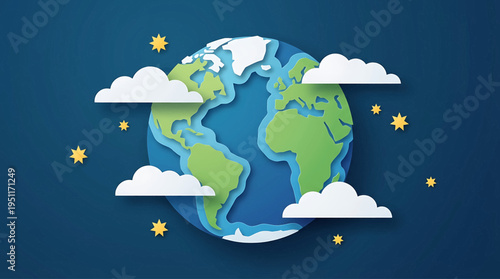 A vibrant paper-cut illustration of planet Earth, adorned with fluffy clouds and twinkling stars against a deep blue backdrop, symbolizing global unity and celestial wonder