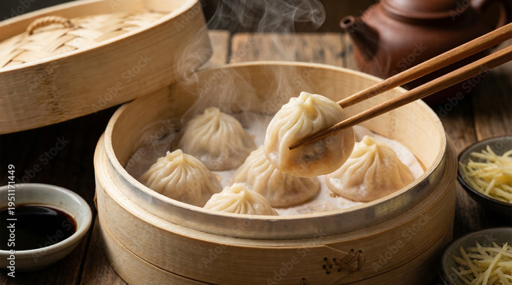 Fototapeta premium Close-up of xiao long bao soup dumplings with steam rising in bamboo basket, no text, no logos, no faces, Shanghai gastronomy concept for restaurant brand or culinary editorial, commercial use