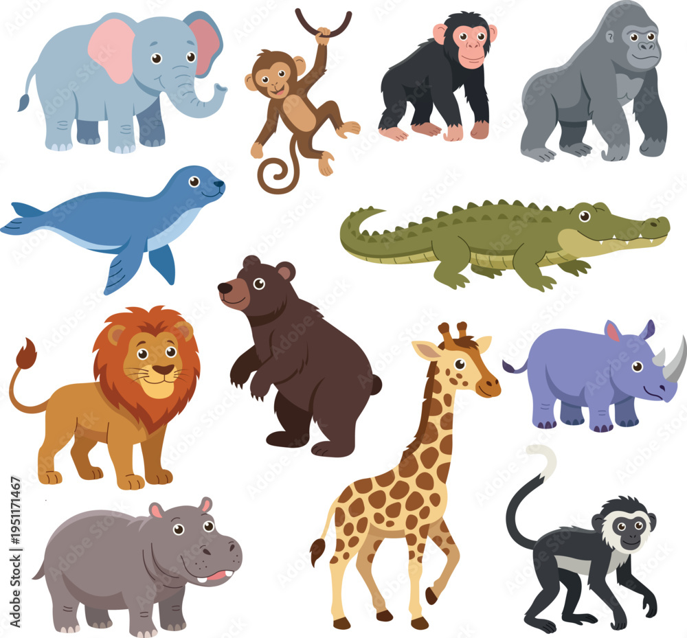 Obraz premium Wild animals set in flat style. Cute cartoon animals collection: crocodile, rhinoceros, elephant, giraffe, bear, gorilla, monkey, lion, hippo, chimpanzee, sea lion