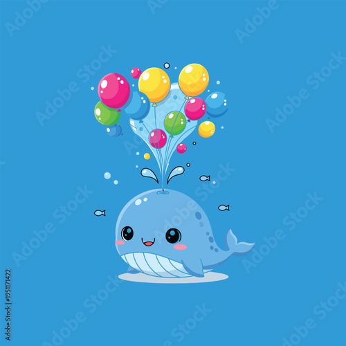 Smiling cartoon whale with colorful balloons.