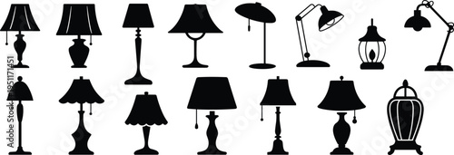 table lamp silhouette set, desk floor lighting collection, black lamp shapes icons, home interior light fixtures vector illustration