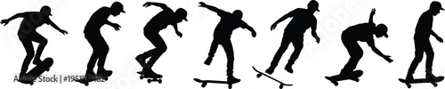 Skateboarder silhouette collection, skateboarding trick sequence extreme sport athlete performing street skate tricks vector illustration set isolated