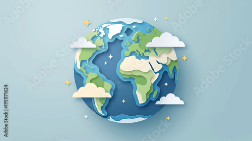 Earth globe in paper-cut style with clouds and stars, symbolizing environmental conservation and sustainability on a light blue background