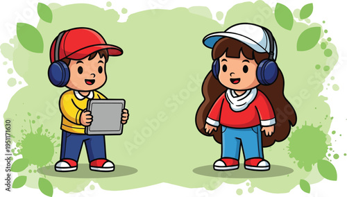 Two cheerful children wearing headphones stand opposite each other while one holds a digital tablet for shared media consumption.
