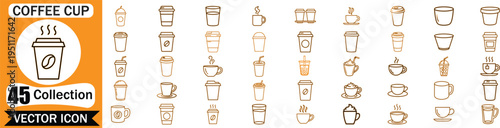 Set of 45 Coffee Cup Vector Icons Featuring Various Styles of Hot and Cold Beverage Containers for Cafe Menu Design and Digital Interface Elements