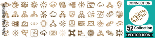 Set of 52 professional connection and technology vector icons featuring cloud computing, network connectivity, business management, and digital communication symbols for web and app design projects