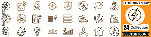 Set of twenty four energy efficiency icons featuring electricity, power consumption, renewable resources, and sustainable living concepts in a clean modern linear vector illustration style