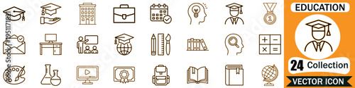 Comprehensive collection of twenty-four professional education line art icons featuring school, university, academic symbols, and study elements for modern digital web design and print projects