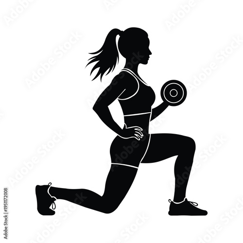 A woman in a lunge position holding a dumbbell