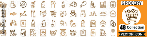 Set of 48 grocery and supermarket shopping icons featuring food products, household items, and shopping cart symbols in a modern thin line vector illustration style