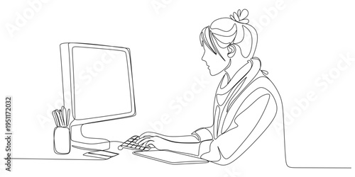 A Woman Using a Desktop Computer with a Keyboard and Stylus: A Continuous Line Art Drawing