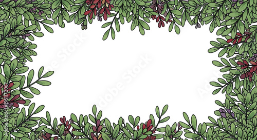 Delicate green branches with small leaves and tiny reddish blossoms create a natural border around a clean, empty central area for text placement.
