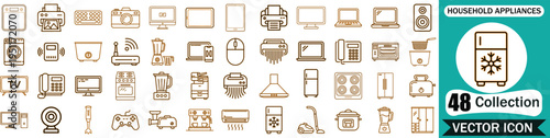 Comprehensive collection of 48 modern household appliance and electronic device vector icons featuring thin line style design for digital interface and web development projects