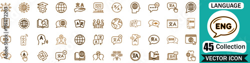Comprehensive Set of Language Translation Icons Featuring Communication Symbols and Global Linguistic Tools for Web and Mobile Application Interface Design Projects