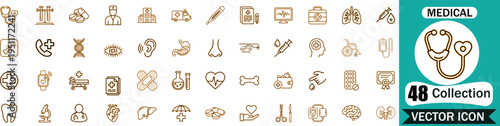 Set of 48 Medical and Healthcare Vector Icons Featuring Stethoscope Hospital Equipment Doctor Tools and Anatomy Symbols for Professional Design Projects