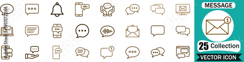 Set of 25 communication and message icons featuring speech bubbles notifications and digital chat elements in a clean professional outline vector illustration style for modern user interface design