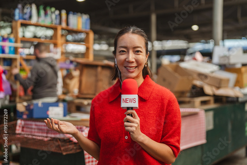 Asian journalist reporting live news broadcast from market