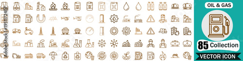 Comprehensive Set of 85 Oil and Gas Vector Icons Representing Energy Industry Infrastructure Refining Extraction Transportation and Global Fuel Distribution Processes for Professional Design Projects