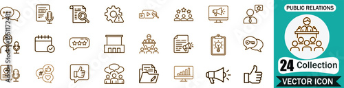 Set of 24 Public Relations and Marketing Line Vector Icons Featuring Professional Communication Symbols for Business Branding and Corporate Media Strategy Presentations