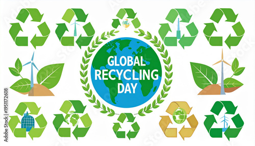 Global Recycling Day Emblems – Earth and Green Leaves Vector Illustration