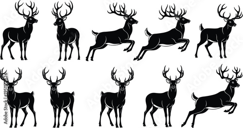 Set of black deer and stag silhouettes in standing and jumping poses for nature wildlife and hunting concepts