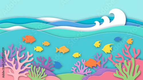 Whimsical papercut illustration of a vibrant coral reef teeming with colorful fish and playful waves