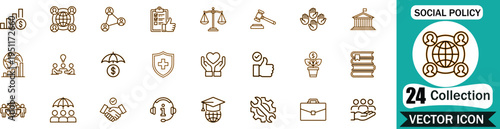 Set of social policy and government line icons featuring community welfare global cooperation legal justice and business development symbols for professional design projects