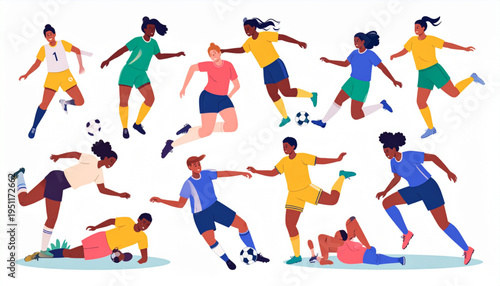 Diverse Female Soccer Players – Dynamic Action Poses Vector Illustration