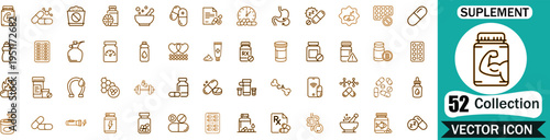 Comprehensive Set of Supplement and Medication Outline Vector Icons for Healthcare, Fitness, Pharmacy, Nutrition, and Wellness Branding Projects