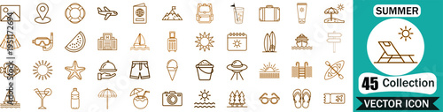 Set of  summer vacation travel thin line icons featuring beach activities tourism symbols and holiday leisure elements for website design and mobile applications