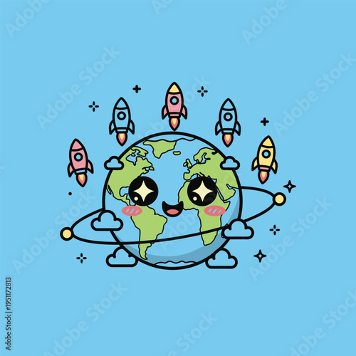 Smiling Earth with Cartoon Rockets Orbit.