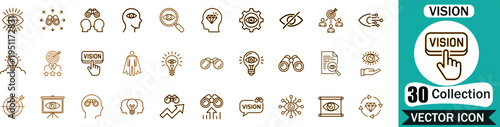  business vision vector icons featuring strategic planning, leadership, foresight, target goals, and creative innovation symbols for professional corporate and UI design projects
