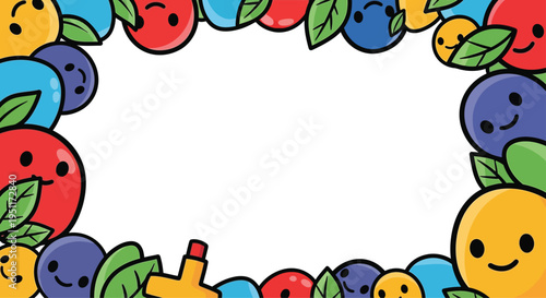 Cheery cartoon fruits and berries border a white space with happy smiling faces, perfect for children's themes.