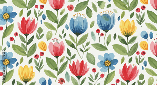 Decorative botanical illustration filled with lively blooms and elegant leaf arrangements