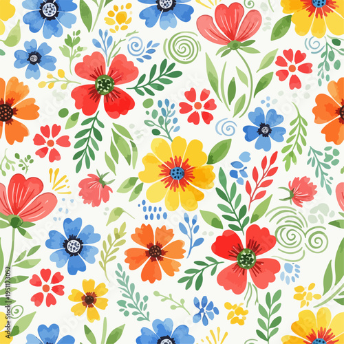 Seamless floral print combining bold colors and playful organic shapes beautifully