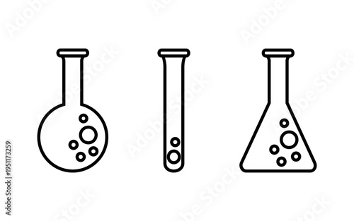 Vector illustration of laboratory test tube, flask, and Erlenmeyer flask icons. Chemical laboratory icons on a white background.